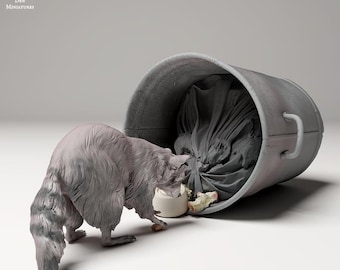 Common Raccoon Digging Through Trash - UNPAINTED - Animal Den Miniatures