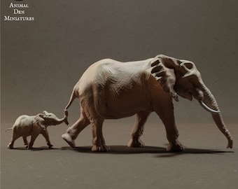 African Bush Elephant Cow and Calf - UNPAINTED - Animal Den Miniatures