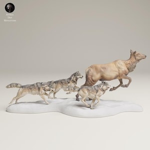 Grey Wolves Hunting Elk Cow - UNPAINTED 3D resin print/figure - Animal Den Miniatures