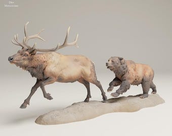 Grizzly Chasing Rocky Mountain Elk - UNPAINTED 3D resin print/figure - Animal Den Miniatures