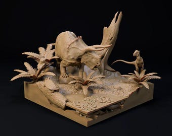 Hell Creek Triceratops diorama - UNPAINTED - Dino and Dog Miniatures