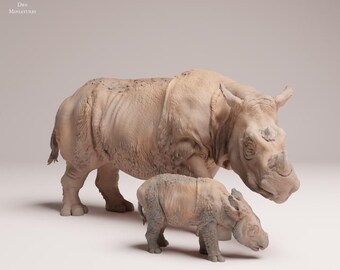 Sumatran Rhino Female and Calf - UNPAINTED - Animal Den Miniatures