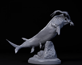 Xiphactinus hunting Hesperornis - UNPAINTED - Dino and Dog Miniatures