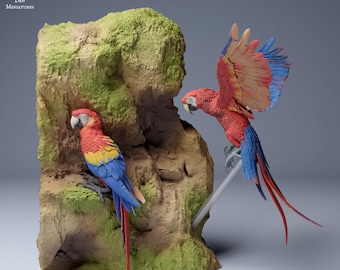 Scarlet Macaws (Ara macao) - UNPAINTED - Animal Den Miniatures
