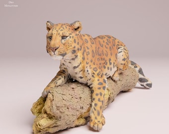 Amur Leopard on a Tree - UNPAINTED 3D Resin Figure - Animal Den Miniatures