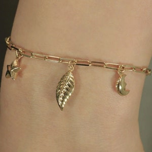 14 Carat Gold Multi-Link Chain Bracelet, 14k Gold Bracelet, leaf, moon and star bracelet, Gift Bracelet, image 2