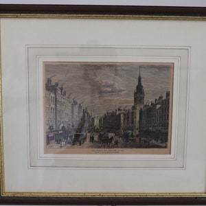 May include: A black and white antique print depicting a street scene in London, England. The print shows a busy street with horse-drawn carriages, pedestrians, and buildings. The text at the bottom of the print reads "Old Church and Exchange in the City of London, Drawn on the Spot by Mr. G. Cruikshank."
