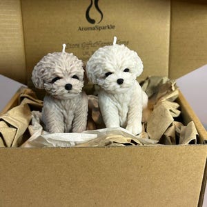 May include: Two dog-shaped candles, one light grey and one white, are presented in a cardboard box with shredded paper. The candles have black eyes and a fluffy texture. The box has the text "AromaSparkle".