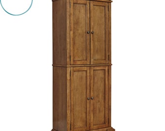 A large storage pantry made of distressed oak including movable shelves.