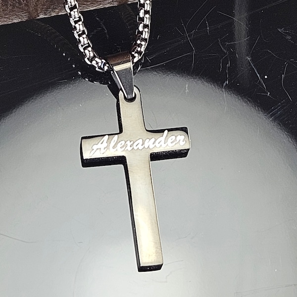 Engraved Black Block Cross Stainless Steel Necklace