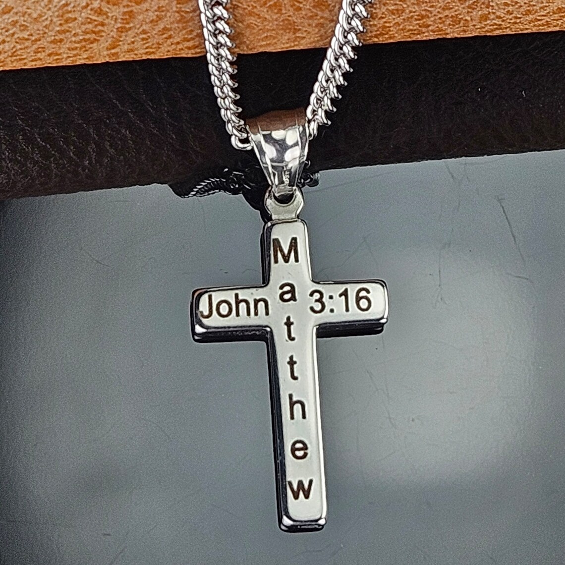 Engraved Small Block Cross Stainless Steel Necklace - Etsy