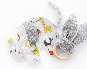 Coffret cadeau naissance tissu certifié bio peluche doudou jeu éléphant crépitant 1 oreille - animaux sauvages oreilles de lapin gris pois gris