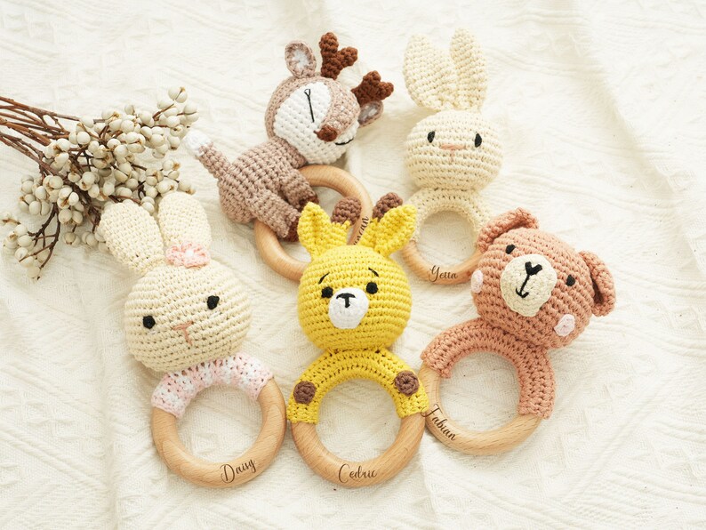 Crochet Animal Rattle,Personalized Baby Rattle,Custom Baby Shower Toy,Wooden Baby Rattle,Montessori Toy,Baby Rattle,Baby Gift,Crochet Rattle image 3