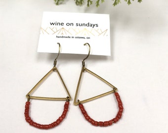 Recycled Coral Earrings with Brass Triangle / Bright Eclectic Boho Seed Bead Earrings / Bold Jewelry