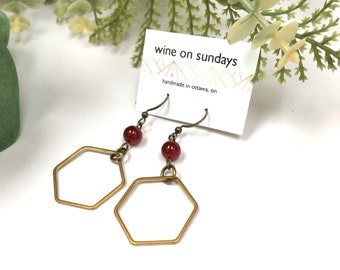 Brass Hexagon Earrings / Garnet Glass Bead Jewellery / Simple Easy Geometric Drop Jewelry