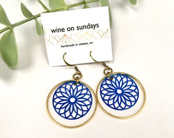 Blue Filagree Earrings / Brass Mandala Circles / Boho Hoops