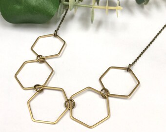 Long Hex Necklace / Bold Brass Statement Jewellery / Geometric Hexagon Jewelry