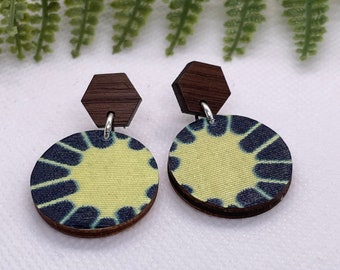 Helena Earrings / Eclectic Boho Earrings with Navy and Yellow / Bold Everyday Jewelry / Wood and Fabric Jewelry