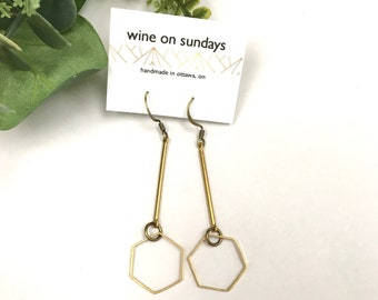 Simple Hexagon Earrings / Minimalist Brass Geo Dangle Earrings / Modern Geometric Jewellery