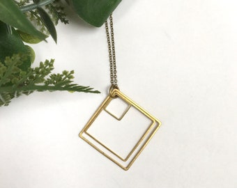 Triple Diamond Necklace / Long Brass Square Jewellery / Bold Geometric Jewelry