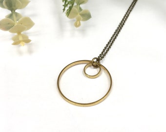 Double Circle Necklace / Simple Brass Jewellery / Long Minimalist Necklace / Modern Jewelry