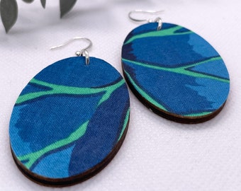 Olivia Earrings / Eclectic Boho Earrings / Blue and Green / Bold Everyday Jewelry / Wood and Fabric Jewelry