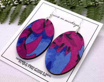 Sadie Earrings / Eclectic Boho Earrings / Pink and Blue Floral / Bold Everyday Jewelry / Wood and Fabric Jewelry