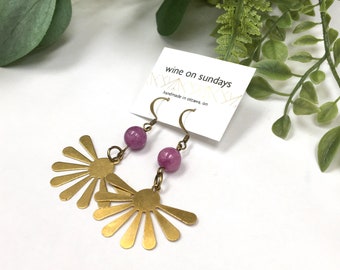 Brass Sunshine Earrings / Purple Glass Bead Earrings / Happy Bold Jewellery