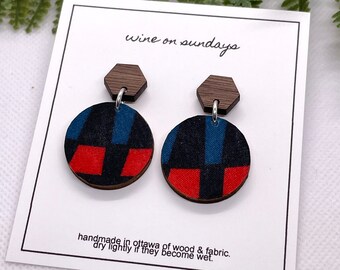 Leanne Earrings / Eclectic Boho Earrings with Red Blue Geometric / Bold Everyday Jewelry / Wood and Fabric Jewelry