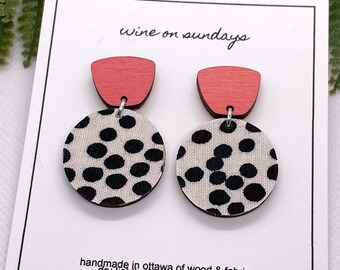 Dolly Earrings / Eclectic Boho Earrings with Black and White Dots / Bold Everyday Jewelry / Wood and Fabric Jewelry