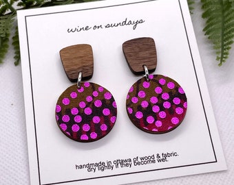 Lia Earrings / Eclectic Boho Earrings with Fuschia Dots / Bold Everyday Jewelry / Wood and Fabric Jewelry