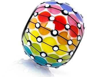 Rainbow lace matrix on white bead : Contemporary Pattern in Glass, handmade lampwork focal bead by JC Herrell