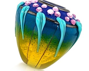 Bright blue green yellow fade berry bead, handmade lampwork focal bead by JC Herrell