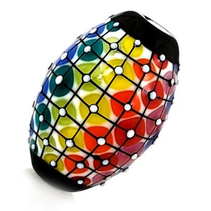 Rainbow lace matrix on white bead : Contemporary Pattern in Glass, handmade lampwork focal bead by JC Herrell