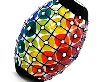 Rainbow lace matrix on white bead : Contemporary Pattern in Glass, handmade lampwork focal bead by JC Herrell