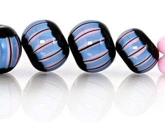 Denim blue and black stripes on pink bead set, Contemporary patterns in glass, handmade lampwork beads by JC Herrell