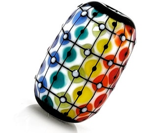 Rainbow lace matrix on white bead : Contemporary Pattern in Glass, handmade lampwork focal bead by JC Herrell