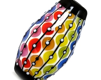 Rainbow lace matrix on white bead : Contemporary Pattern in Glass, handmade lampwork focal bead by JC Herrell