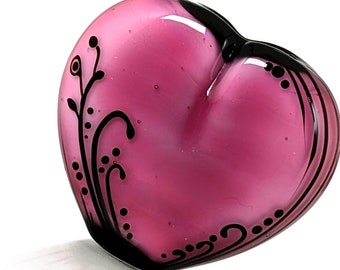 Frills on Bright Pink Heart Tab: Contemporary Illustration in Glass, handmade lampwork focal bead by JC Herrell