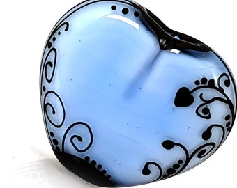 Frills on Blue Heart Tab: Contemporary Illustration in Glass, handmade lampwork focal bead by JC Herrell