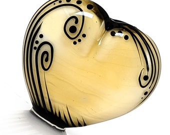 Frills on Amber Heart Tab: Contemporary Illustration in Glass, handmade lampwork focal bead by JC Herrell