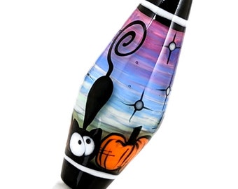 Cats on blue purple pink night sky with stars and pumpkins, Whimsical Illustration in Glass, handmade lampwork focal bead by JC Herrell