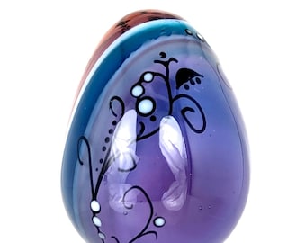 Deep purple pink teal encalmo filigree glass egg: Contemporary Pattern in Glass, handmade lampwork glass egg by JC Herrell