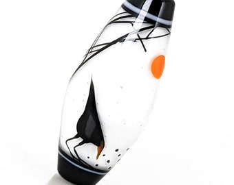 Birds in trees with orange sun and star, Contemporary Illustration in Glass, handmade lampwork focal bead by JC Herrell