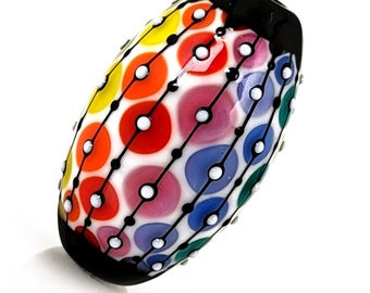 Rainbow lace matrix on white bead : Contemporary Pattern in Glass, handmade lampwork focal bead by JC Herrell