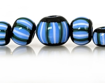 Periwinkle, forest green, and black stripes on grey bead set, Contemporary patterns in glass, handmade lampwork beads by JC Herrell