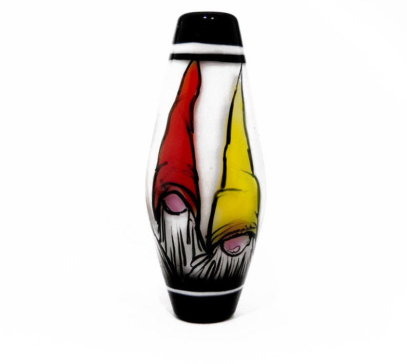 Illustration in Glass Gnomes in a rainbow of hats on white handmade lampwork glass bead focal by JC Herrell