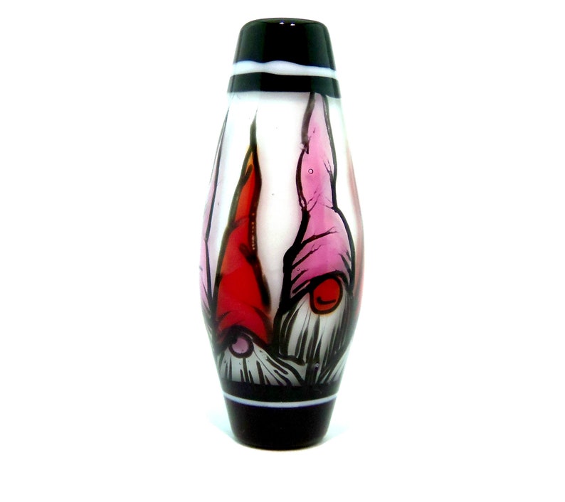Illustration in Glass handmade lampwork glass bead focal by JC Herrell Gnomes in pink and red hats on white