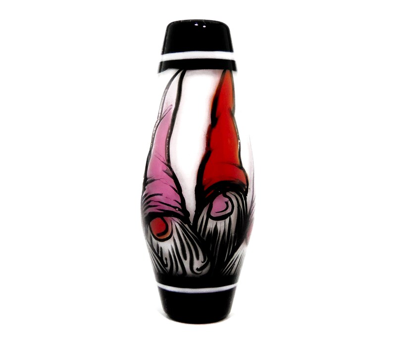 Illustration in Glass handmade lampwork glass bead focal by JC Herrell Gnomes in pink and red hats on white
