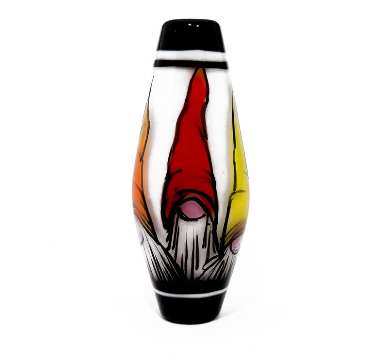 Illustration in Glass Gnomes in a rainbow of hats on white handmade lampwork glass bead focal by JC Herrell